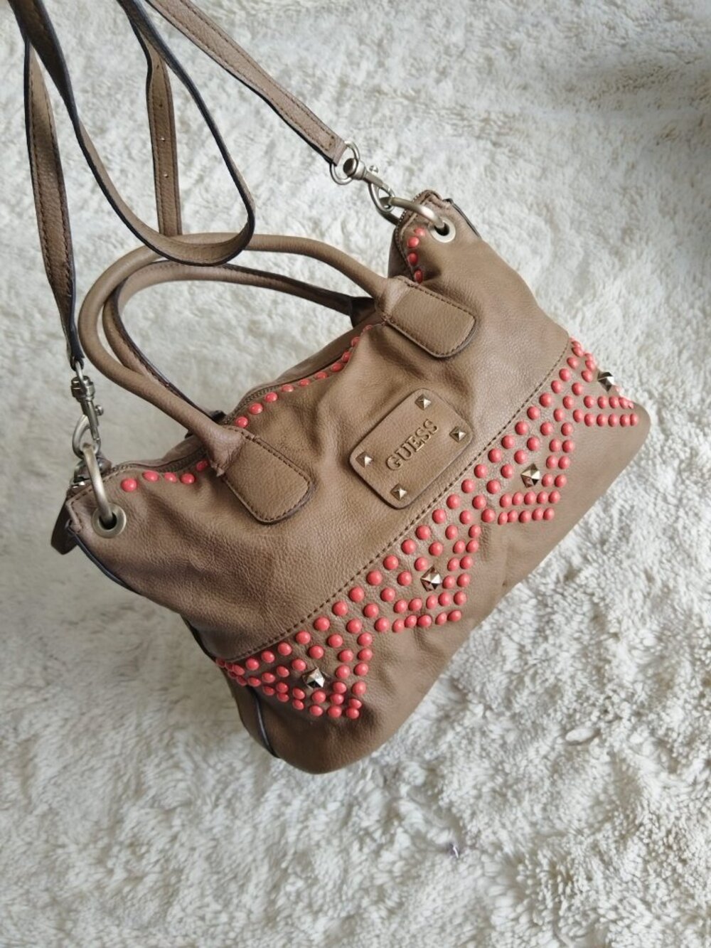 GUESS Studded Satchel Crossbody Bag Tan Coral Pink Beads Model VS405306